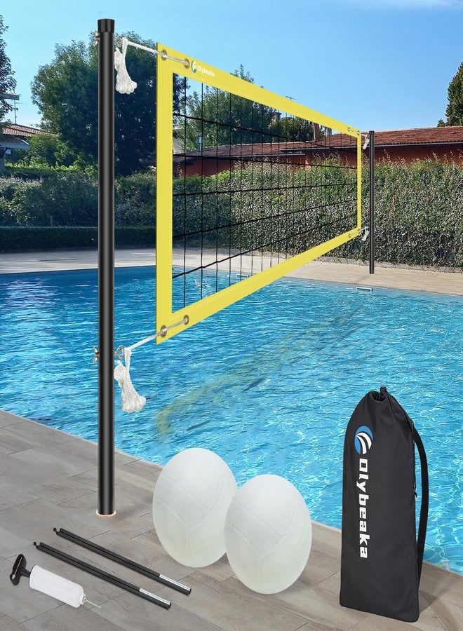 Olybeaka Base Free Swimming Pool Volleyball Net Set for Above Ground/Inground Pools with 3-Height Adjustable Aluminium Poles, Durable Anti-Sagging Net, 2 Water Volleyballs and Carry Bag - Image 1