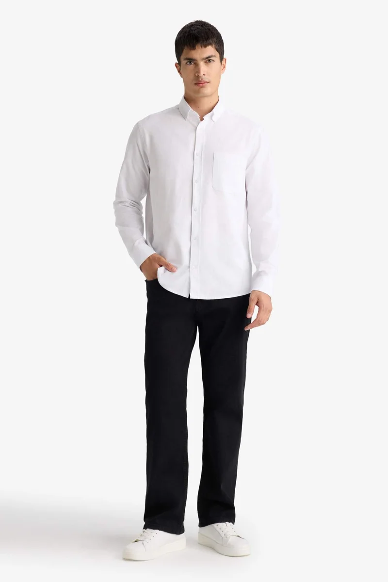 DeFacto Regular Fit Polo Neck Oxford Long Sleeve Shirt