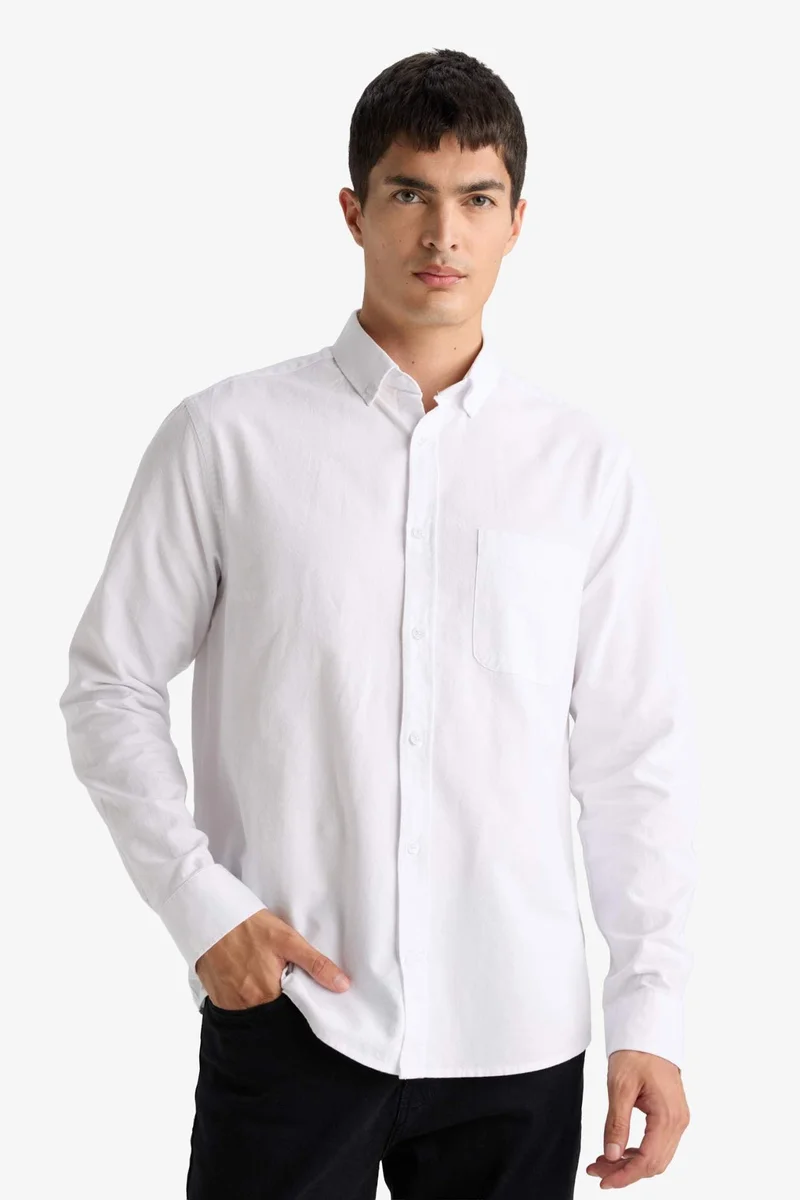 DeFacto Regular Fit Polo Neck Oxford Long Sleeve Shirt