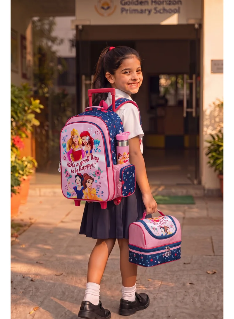 ديزني Disney Princess Premium 5-in-1 Kids Trolley School Set 18" | Rolling Backpack, Lunch Bag, Lunch Box, Water Bottle & Pencil Case | Water Resistant  | Girls School Bag