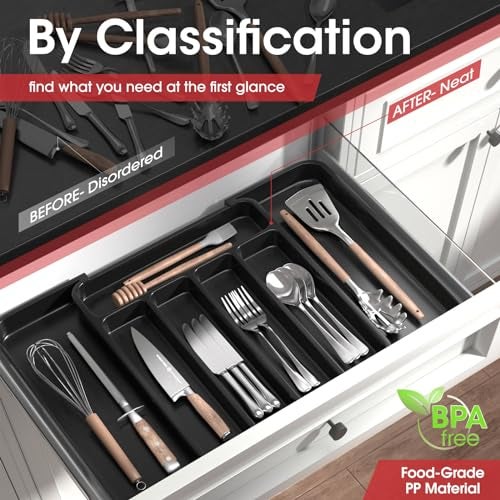AUJEN منظم أدوات المائدة من أوجين - منظم أدراج المطبخ القابل للتوسيع، منظم أدوات قابل للتعديل، صينية أدوات للطعام، سكاكين، منظمات ومخازن متعددة الاستخدامات للمطبخ، أسود، متوسط - Image 2