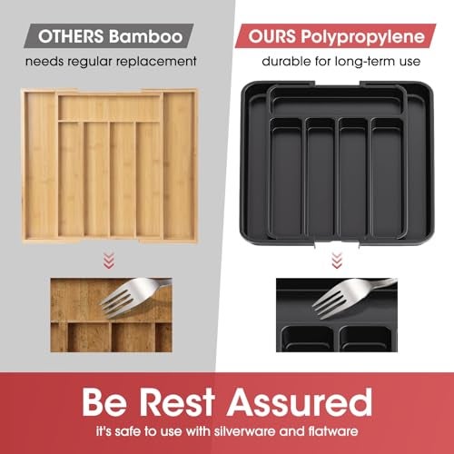 AUJEN منظم أدوات المائدة من أوجين - منظم أدراج المطبخ القابل للتوسيع، منظم أدوات قابل للتعديل، صينية أدوات للطعام، سكاكين، منظمات ومخازن متعددة الاستخدامات للمطبخ، أسود، متوسط - Image 4