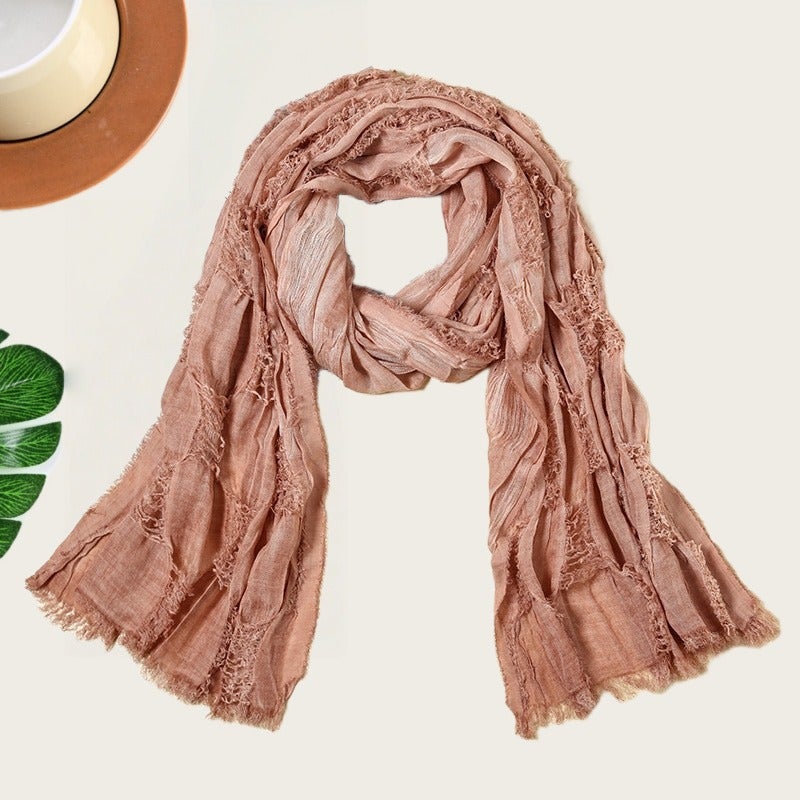 Noon Cross-Border Distressed Cotton-Linen Scarf - Vintage Washed Look, Solid Color Shawl for Spring/Autumn, Versatile Casual Hip-Hop Style