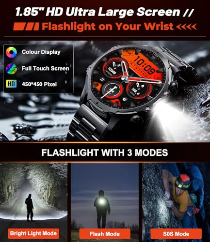 HIRREO Military Smart Watch for Men, 1.85'' HD Large Screen Smartwatch, 800mAh/LED Flashlight/IP68 Waterproof/Pedometer/100+ Sports Fitness Tracker, Mens Smart Watches for Android iOS Compatible - Image 3