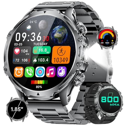 HIRREO Military Smart Watch for Men, 1.85'' HD Large Screen Smartwatch, 800mAh/LED Flashlight/IP68 Waterproof/Pedometer/100+ Sports Fitness Tracker, Mens Smart Watches for Android iOS Compatible - Image 1