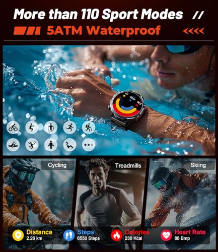 HIRREO Military Smart Watch for Men, 1.85'' HD Large Screen Smartwatch, 800mAh/LED Flashlight/IP68 Waterproof/Pedometer/100+ Sports Fitness Tracker, Mens Smart Watches for Android iOS Compatible - Image 5