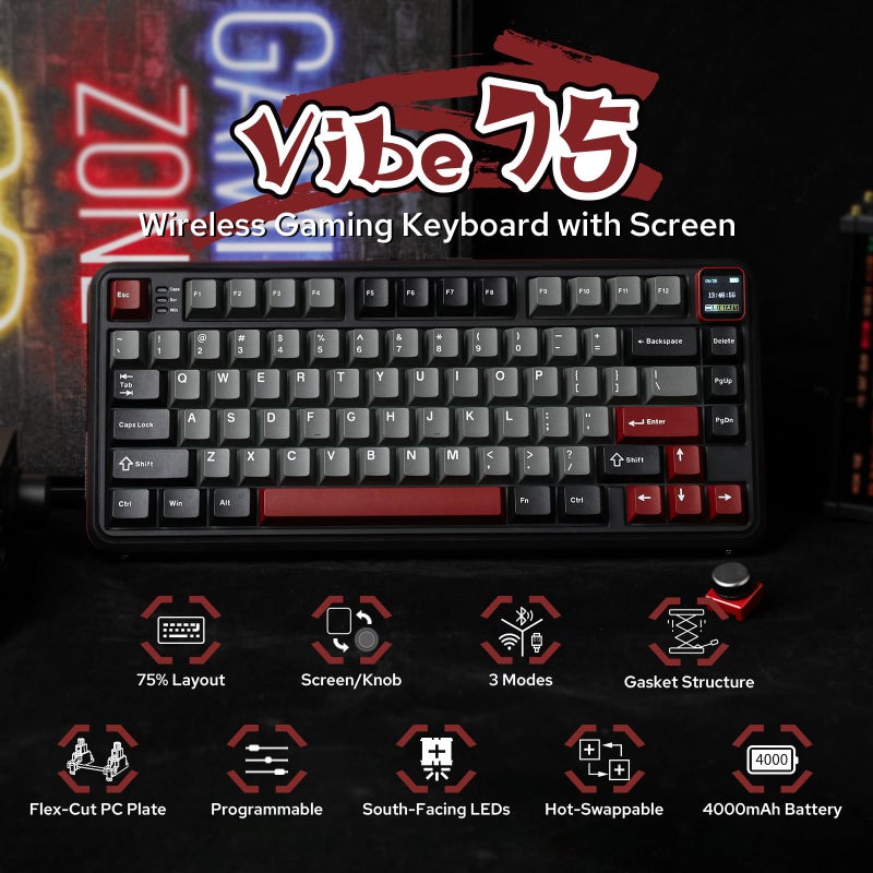 MechLands Vibe75 75% Wireless Gaming Keyboard with Screen&Knob, Joint Creamy Mechanical Keyboard with BT5.0/2.4GHz/USB-C 5-Layer Padding, RGB (Black) - Image 2