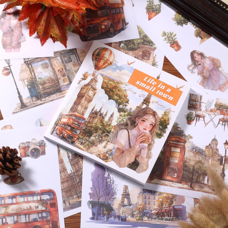 Auguro 50 Sheets Vintage Aesthetic Scrapbook Stickers 200 Pre-Cut Washi Stickers People Girl Sticker City Landscape Sticker Scrapbooking Supplies - Image 1