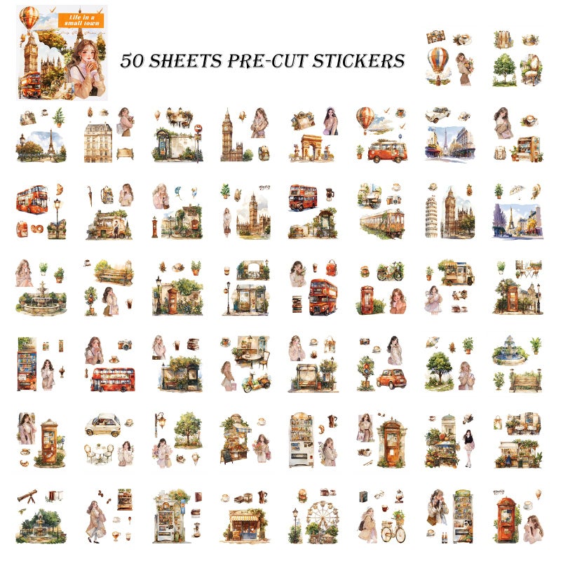 Auguro 50 Sheets Vintage Aesthetic Scrapbook Stickers 200 Pre-Cut Washi Stickers People Girl Sticker City Landscape Sticker Scrapbooking Supplies - Image 2