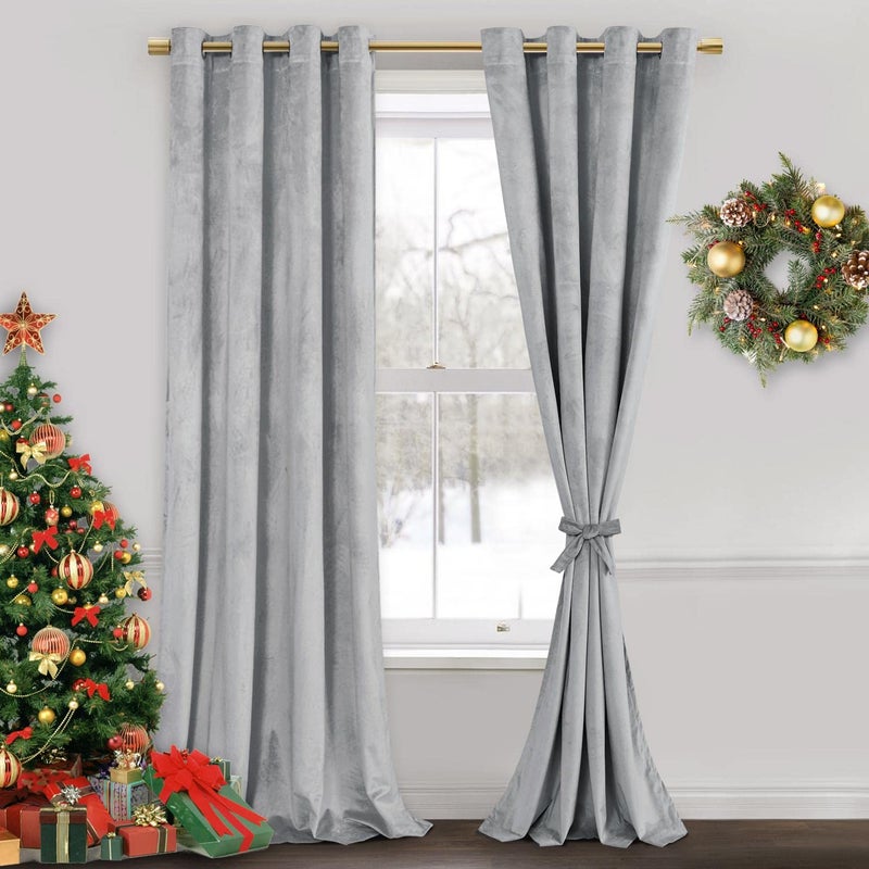 ستائر جيوزهن المخملية لغرفة المعيشة عازلة حرارياً ومظلمة مع حلقات ناعمة بتصميم ريترو لستائر النوافذ لغرفة النوم مجموعة من 2 لوحات مع روابط 52 × 84 بوصة رمادي فضي