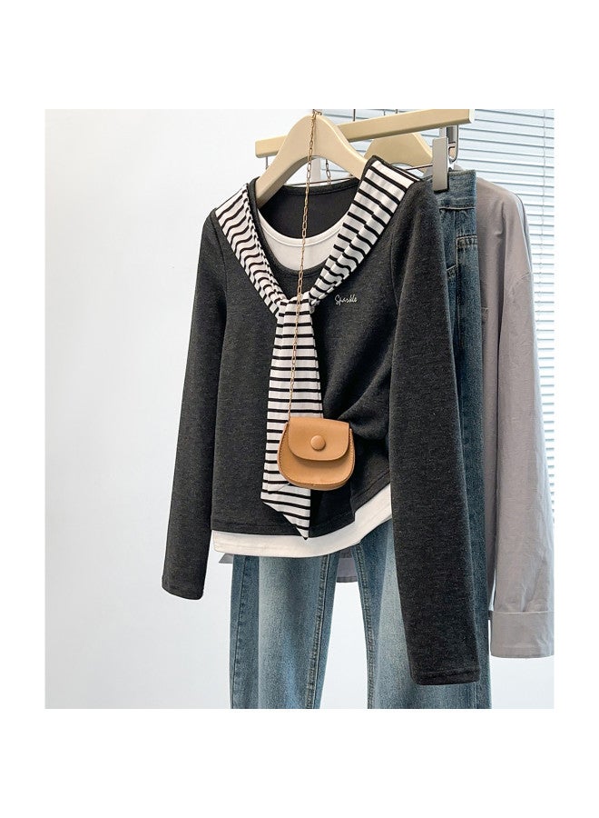 TonLion Korean Style Academic Stripe Poncho Long Sleeve T-Shirt Women Autumn Design Slimming Fake Two-Piece Color Block Top - Image 2