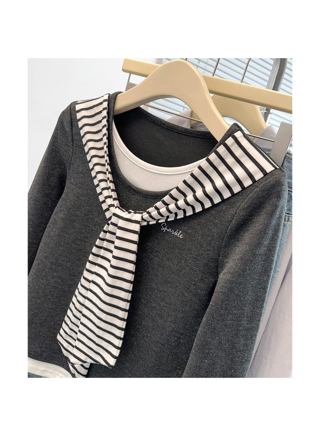 TonLion Korean Style Academic Stripe Poncho Long Sleeve T-Shirt Women Autumn Design Slimming Fake Two-Piece Color Block Top - Image 5