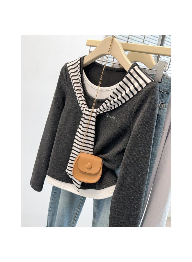 TonLion Korean Style Academic Stripe Poncho Long Sleeve T-Shirt Women Autumn Design Slimming Fake Two-Piece Color Block Top - Image 3