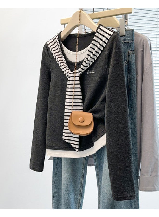 TonLion Korean Style Academic Stripe Poncho Long Sleeve T-Shirt Women Autumn Design Slimming Fake Two-Piece Color Block Top - Image 1