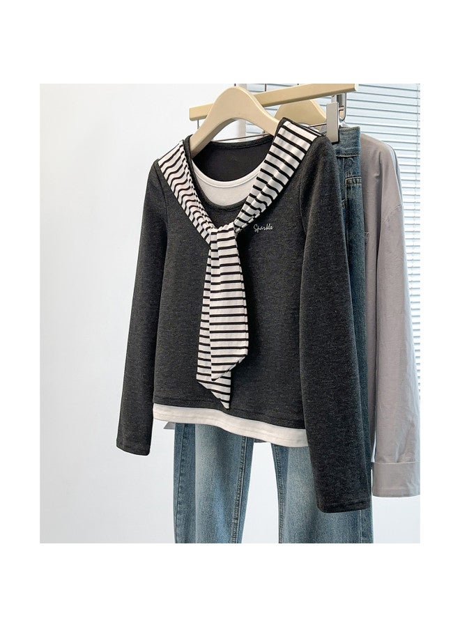 TonLion Korean Style Academic Stripe Poncho Long Sleeve T-Shirt Women Autumn Design Slimming Fake Two-Piece Color Block Top - Image 4