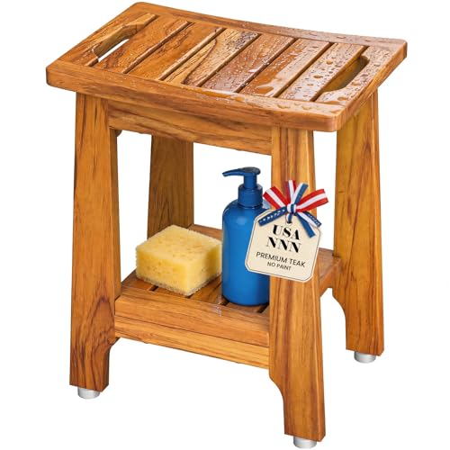 NNN 14" Compact Teak Shower Stool with Shelf & Handle - Waterproof, Non-Slip Bath Bench for Small Bathrooms/Tub/Outdoor Use, 300 lbs Capacity (Patented) - Image 1