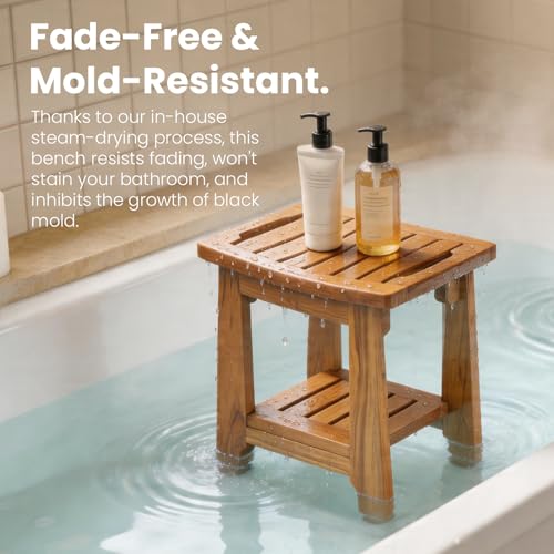 NNN 14" Compact Teak Shower Stool with Shelf & Handle - Waterproof, Non-Slip Bath Bench for Small Bathrooms/Tub/Outdoor Use, 300 lbs Capacity (Patented) - Image 3