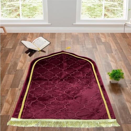 KETOSTICS® Velvet Prayer Mat 44x28 inch Musalla Janamaz for Namaz Muslim Brown (Maroon) - Image 1