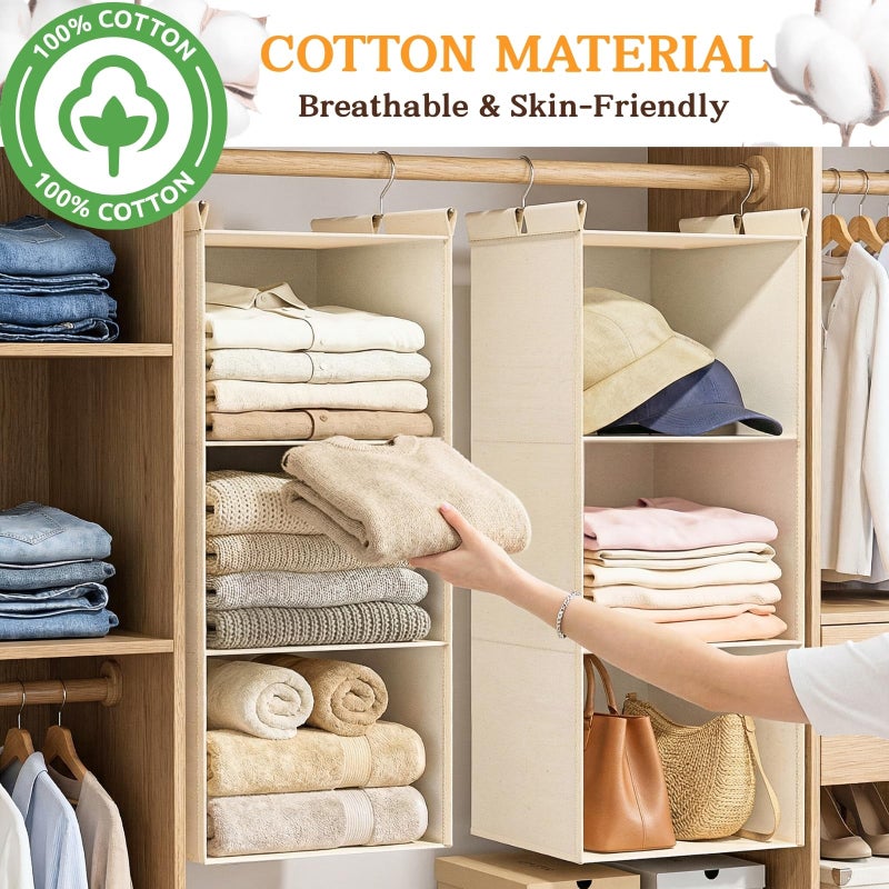 Ofiray-home Pure Cotton Dual Hanging Closet Organizer, 2-Pack 3-Tier Breathable Storage Bags for Wardrobe, RV, Nursery, Small Closets Heavy-Duty Cotton, Natural Beige - Image 2