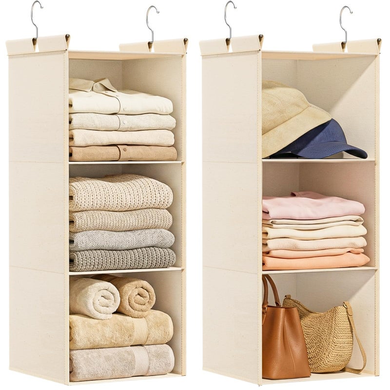 Ofiray-home Pure Cotton Dual Hanging Closet Organizer, 2-Pack 3-Tier Breathable Storage Bags for Wardrobe, RV, Nursery, Small Closets Heavy-Duty Cotton, Natural Beige - Image 1