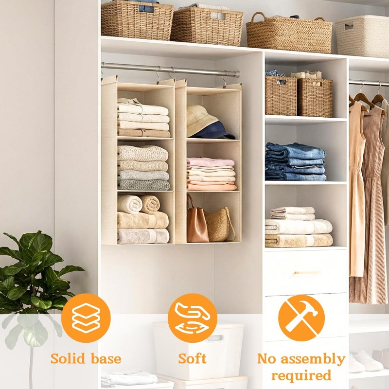 Ofiray-home Pure Cotton Dual Hanging Closet Organizer, 2-Pack 3-Tier Breathable Storage Bags for Wardrobe, RV, Nursery, Small Closets Heavy-Duty Cotton, Natural Beige - Image 4