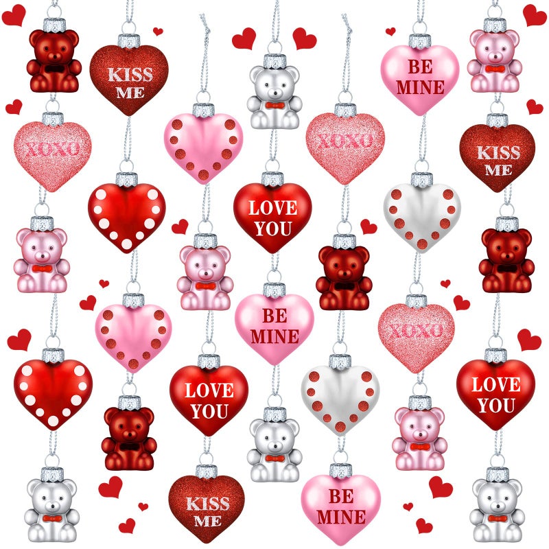 DoubleFill 30 Pcs Valentine's Day Heart and Bear Ornaments, Hanging Heart and Bear Shaped Tree Decorations Silver Red Pink Romantic Valentine Tree Baubles Ornaments for Wedding Anniversary - Image 1