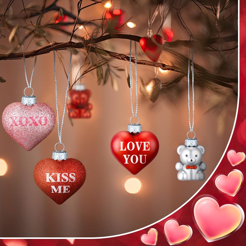 DoubleFill 30 Pcs Valentine's Day Heart and Bear Ornaments, Hanging Heart and Bear Shaped Tree Decorations Silver Red Pink Romantic Valentine Tree Baubles Ornaments for Wedding Anniversary - Image 5