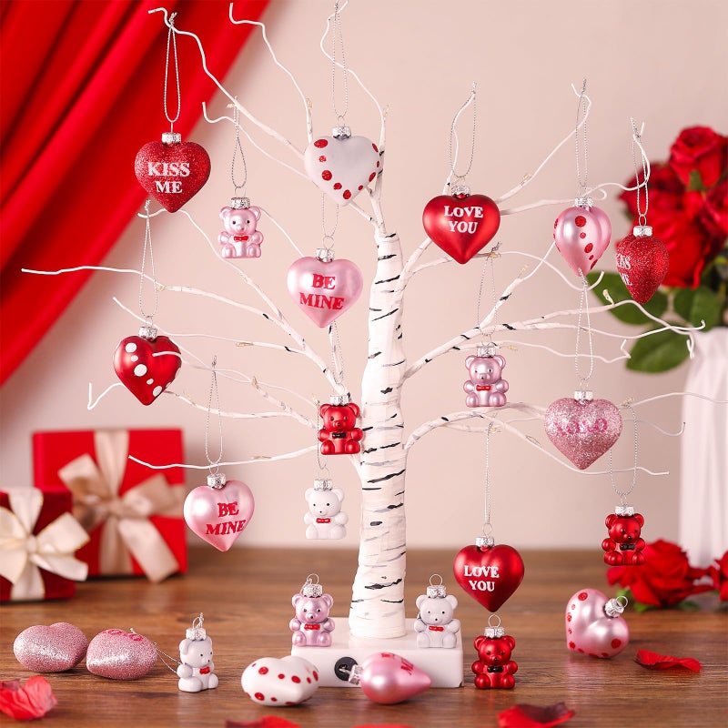 DoubleFill 30 Pcs Valentine's Day Heart and Bear Ornaments, Hanging Heart and Bear Shaped Tree Decorations Silver Red Pink Romantic Valentine Tree Baubles Ornaments for Wedding Anniversary - Image 2