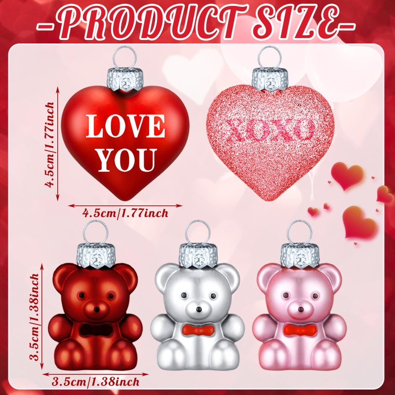 DoubleFill 30 Pcs Valentine's Day Heart and Bear Ornaments, Hanging Heart and Bear Shaped Tree Decorations Silver Red Pink Romantic Valentine Tree Baubles Ornaments for Wedding Anniversary - Image 4