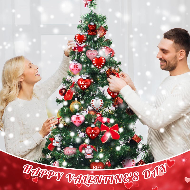 DoubleFill 30 Pcs Valentine's Day Heart and Bear Ornaments, Hanging Heart and Bear Shaped Tree Decorations Silver Red Pink Romantic Valentine Tree Baubles Ornaments for Wedding Anniversary - Image 3