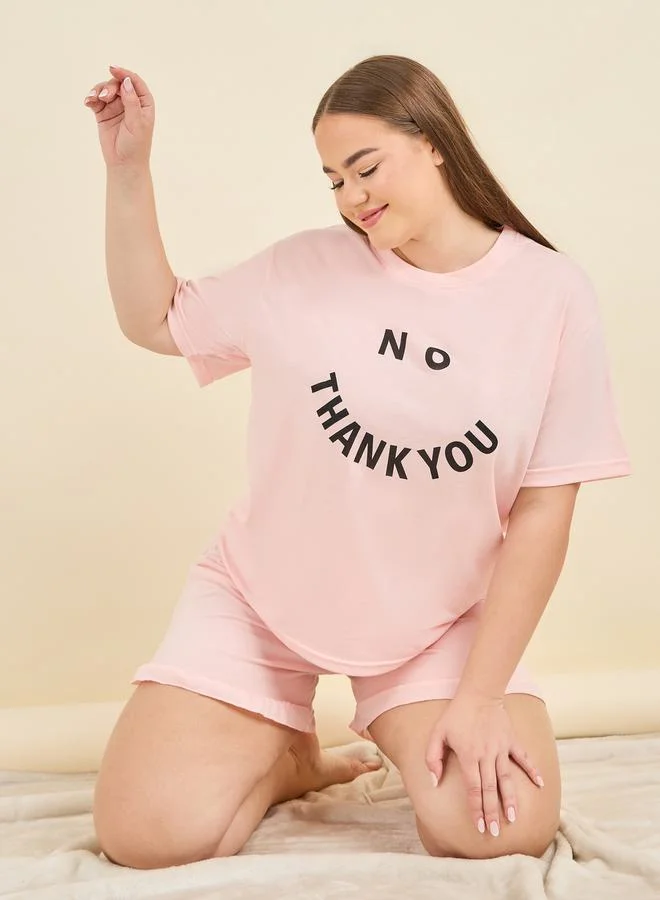 Styli No Thank You Slogan Print T-shirt and Short Set