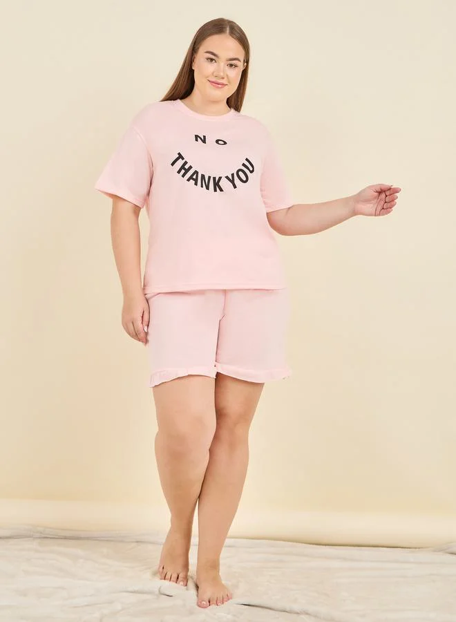 Styli No Thank You Slogan Print T-shirt and Short Set