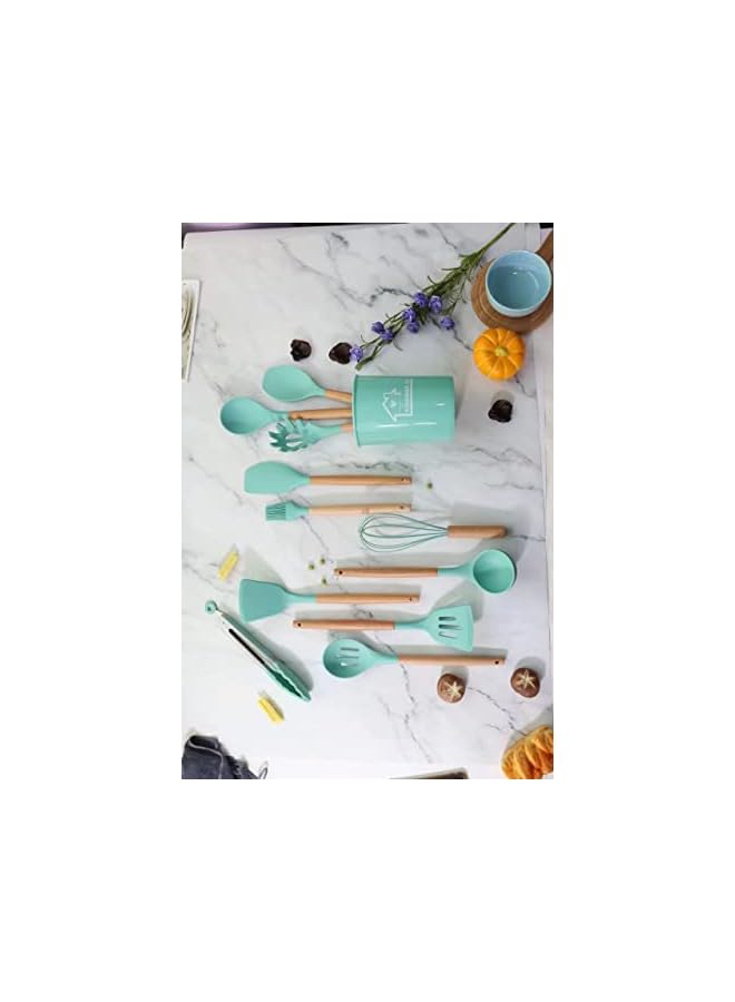 بروماس مجموعة أواني الطبخ، 12 قطعة من أدوات الطبخ المصنوعة من السيليكون غير اللاصق بمقبض خشبي، طقم ملاعق سيليكون مع حامل، مجموعة أدوات مطبخ خالية من مادة BPA باللون الأخضر - Image 4