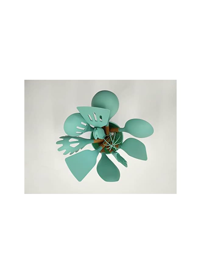 بروماس مجموعة أواني الطبخ، 12 قطعة من أدوات الطبخ المصنوعة من السيليكون غير اللاصق بمقبض خشبي، طقم ملاعق سيليكون مع حامل، مجموعة أدوات مطبخ خالية من مادة BPA باللون الأخضر - Image 3