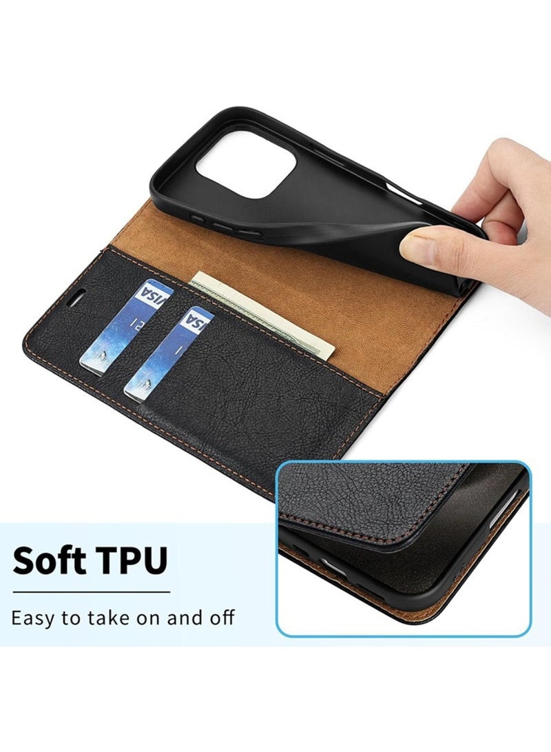 Aookay Case for iPhone 16E, Wallet Case with Card Slot Magnetic Closure, PU Leather Flip Kickstand Shockproof Cover (Black)  - Image 2