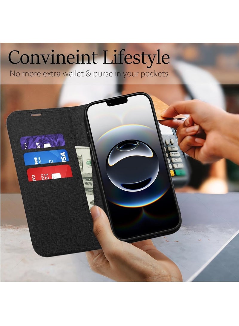 Aookay Case for iPhone 16E, Wallet Case with Card Slot Magnetic Closure, PU Leather Flip Kickstand Shockproof Cover (Black) - Image 4