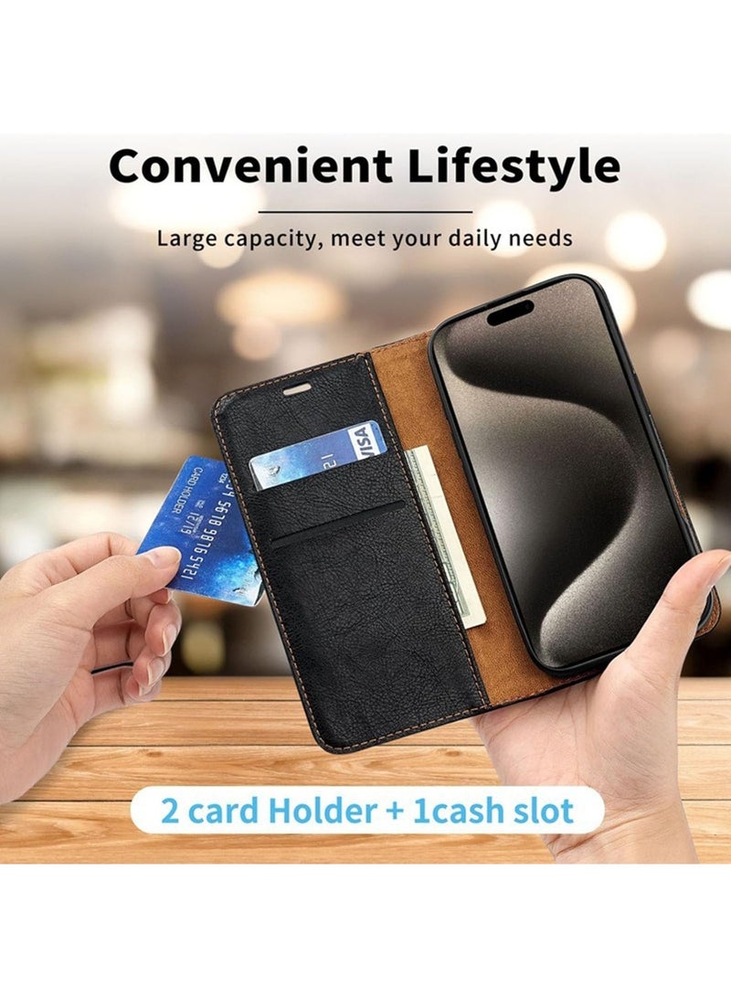 Aookay Case for iPhone 16E, Wallet Case with Card Slot Magnetic Closure, PU Leather Flip Kickstand Shockproof Cover (Black) - Image 2