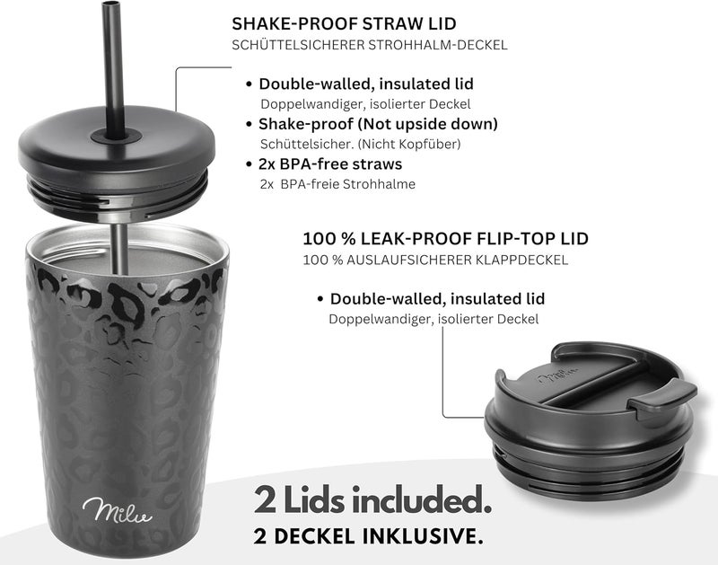 Milu Thermal Mug, 400 ml, 100% Leak-Proof, Stainless Steel Coffee Mug to Go, Insulated with Straw, Keeps Hot for 10 Hours/Cold for 20 Hours, BPA-Free (Black Leopard, 400 ml) - Image 2