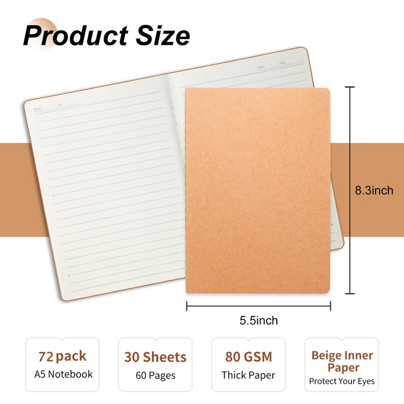 Miikoul 72 Pack A5 Kraft Paper Notebook Lined Journal Bulk  8.3 X 5.5 Inch  60 Pages/30 Sheets  80Gsm  Travel Notebook Notepad For Adult  Students  Gift  School  Office Supplies - Image 2