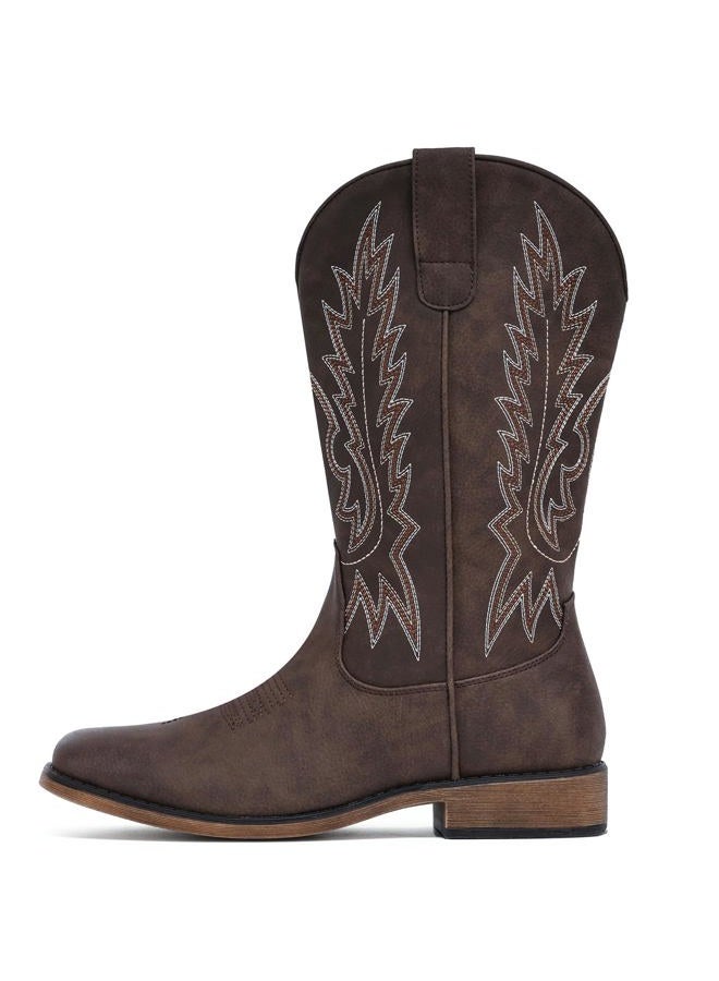 IUV Cowboy Boots For Women Square Toe Western Boots Mid Calf Cowgirl Boots Pull On Embroidered Brown Cowboy Boots, Dark Brown, 8 - Image 4