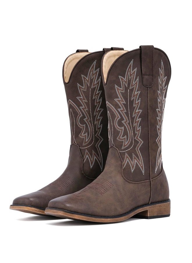 IUV Cowboy Boots For Women Square Toe Western Boots Mid Calf Cowgirl Boots Pull On Embroidered Brown Cowboy Boots, Dark Brown, 8 - Image 1