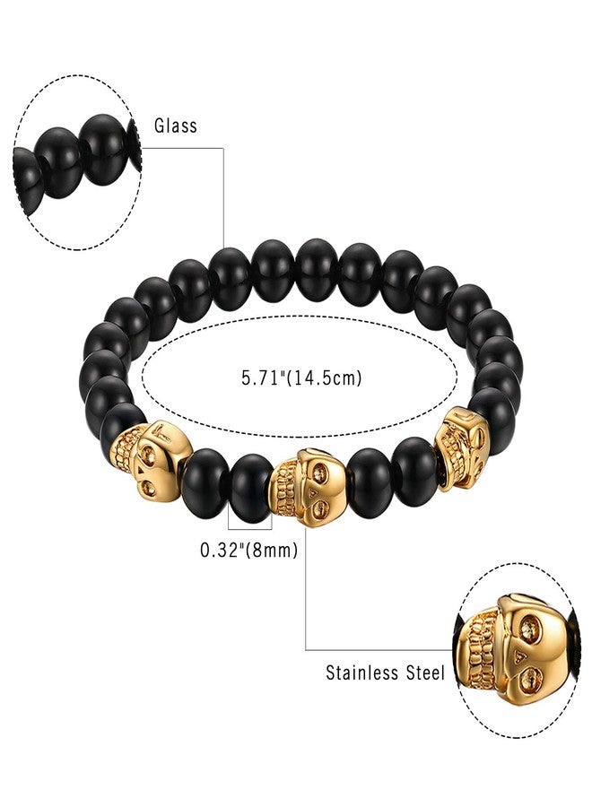 Cupimatch Stainless SteelSkull Bracelet, Mens Skull Bracelet 8mm Buddha Black Beads Stretch Gothic Jewelry (Gold Skull) - Image 3