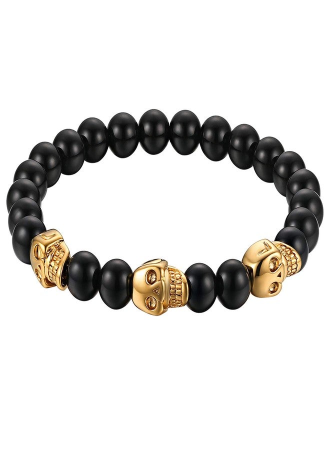 Cupimatch Stainless SteelSkull Bracelet, Mens Skull Bracelet 8mm Buddha Black Beads Stretch Gothic Jewelry (Gold Skull) - Image 2