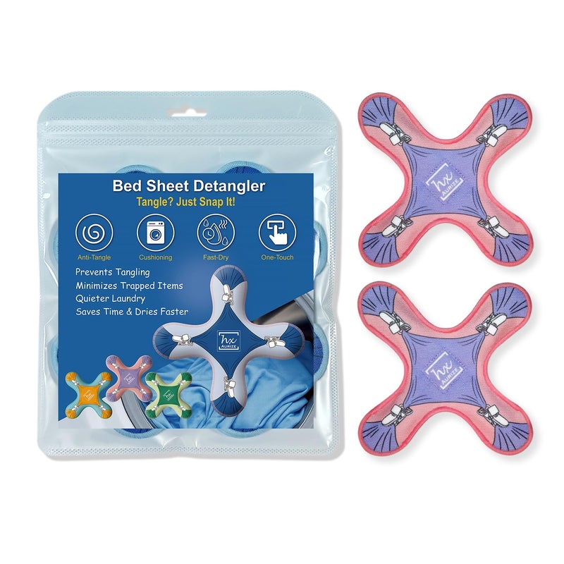 HX AURIZE Bed Sheet Detangler - Reduces Tangles in Washer & Dryer, Set of 2 with Built-in Fabric Covers, Fits Most Sheets (Purple) - Image 1