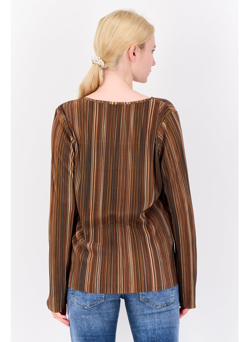 Cyrus - Women Keyhole Neck Long Sleeve Yarn Dye Blouse, Multicolor - Image 1