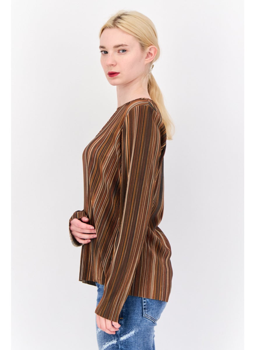 Cyrus - Women Keyhole Neck Long Sleeve Yarn Dye Blouse, Multicolor - Image 1