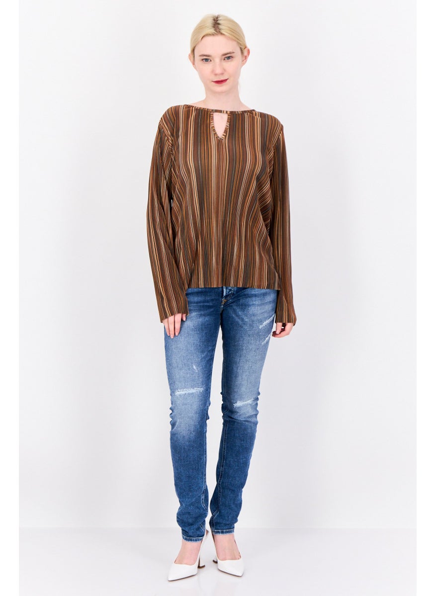 Cyrus - Women Keyhole Neck Long Sleeve Yarn Dye Blouse, Multicolor - Image 1