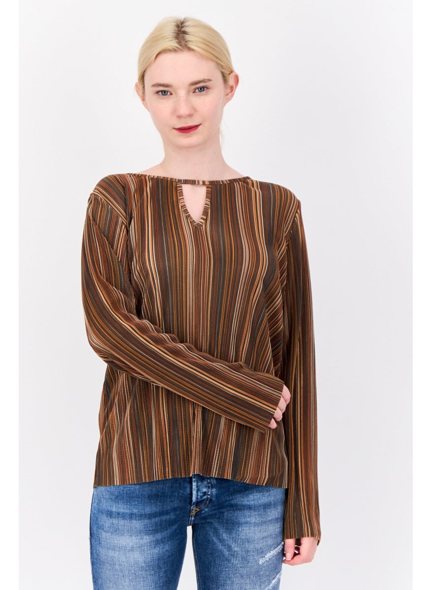 Cyrus - Women Keyhole Neck Long Sleeve Yarn Dye Blouse, Multicolor - Image 1