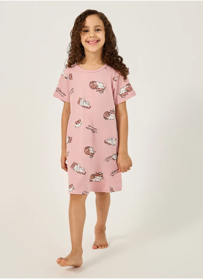 Styli Cat Graphic Print Cotton Sleep Dress