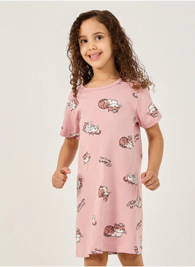 Styli Cat Graphic Print Cotton Sleep Dress